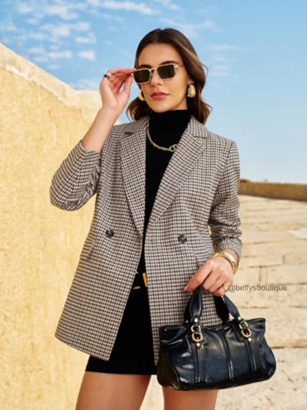 Oversized Plaid Tweed Blazer Fully Lined Notch Lapel Flap Pockets - Picture 2 of 7